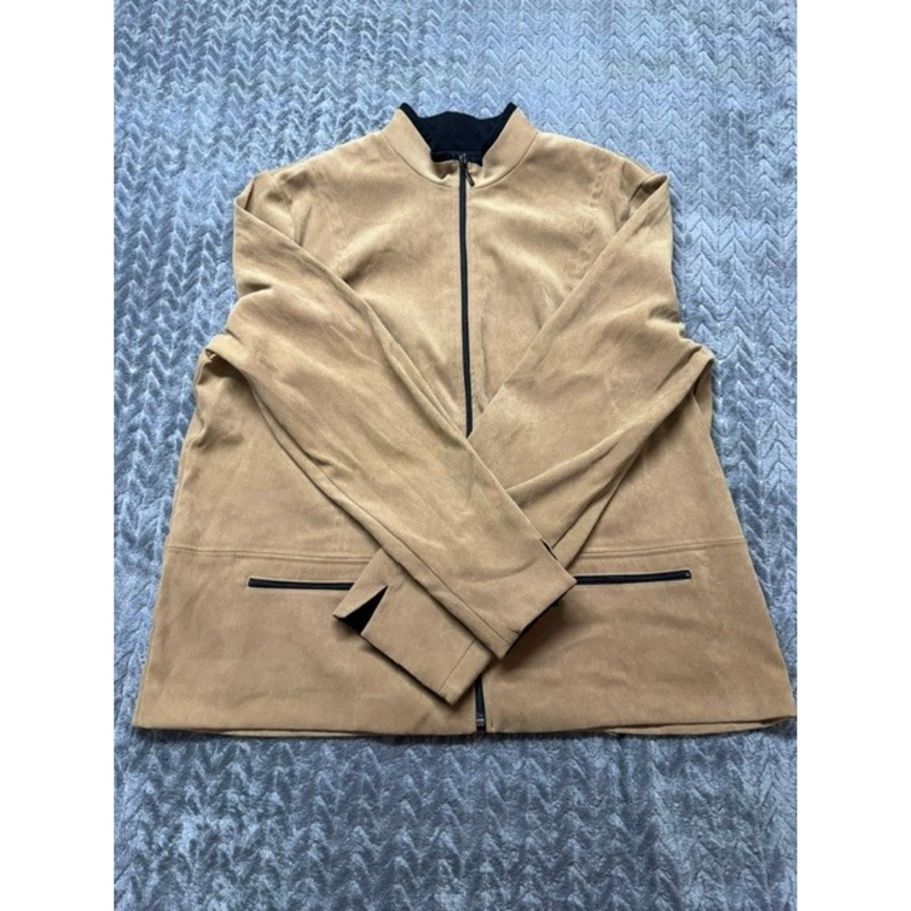 JM Collection Womens Faux Suede Zip Front Jacket Tan Black Trim Size 18 0638
